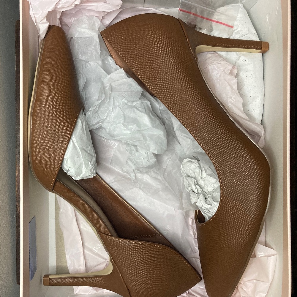 justfab. pumps here for business chocolate  colored  heels